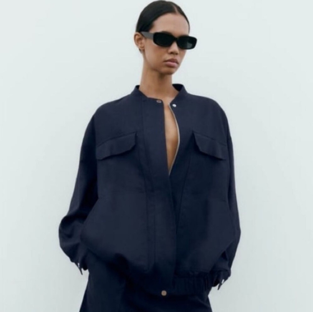 ZARA Linen Bomber Jacket Long in Navy Nautical Preppy NWOT Size M